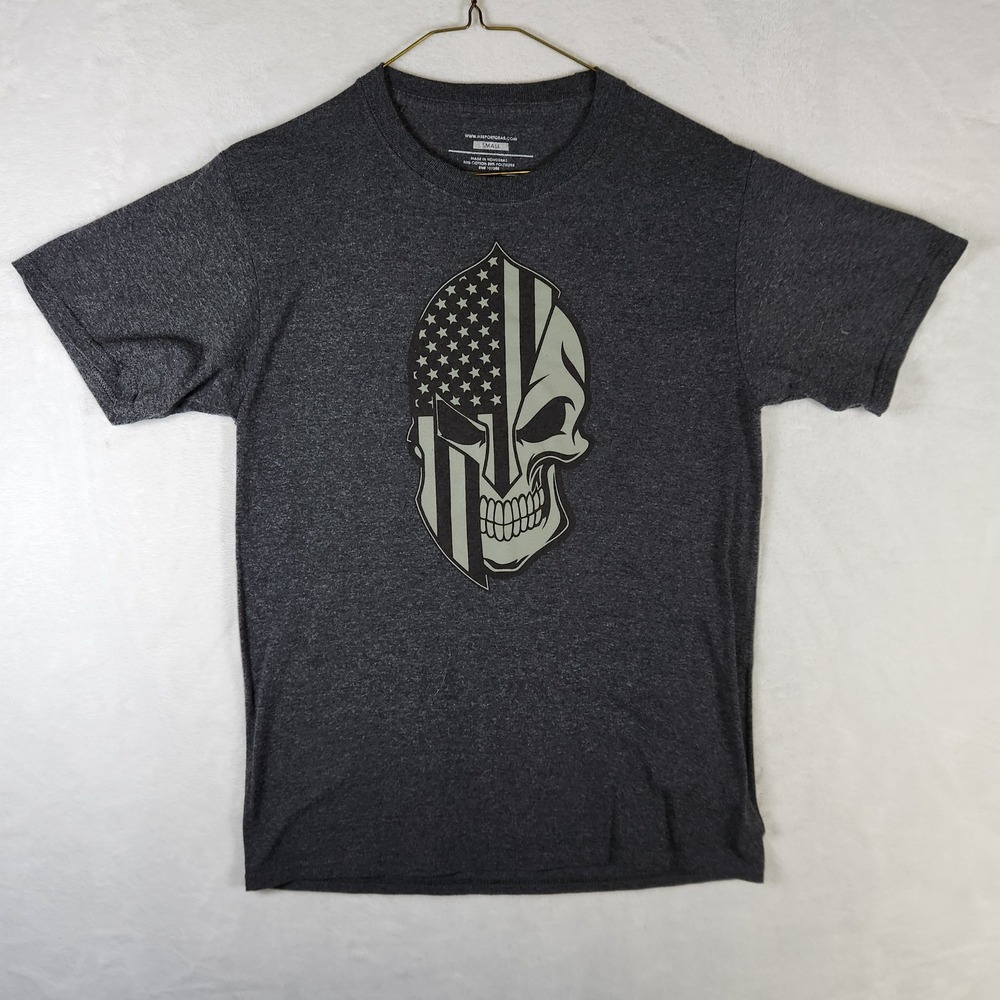 Mens H3 Sportgear‎ Gray American Flag Skull Graphic T-Shirt Small